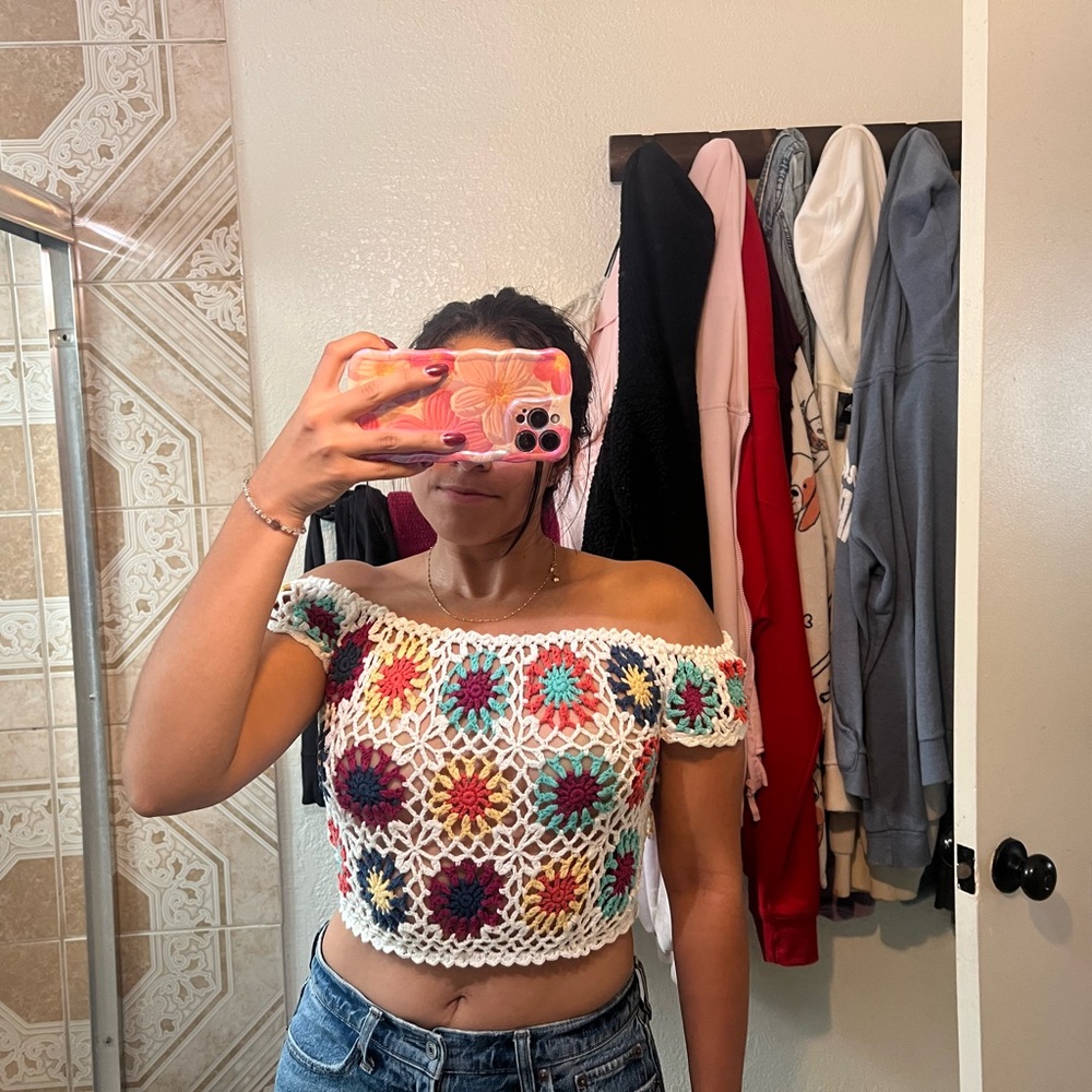 Forever 21 Multicolor Crochet Off-Shoulder Crop Top